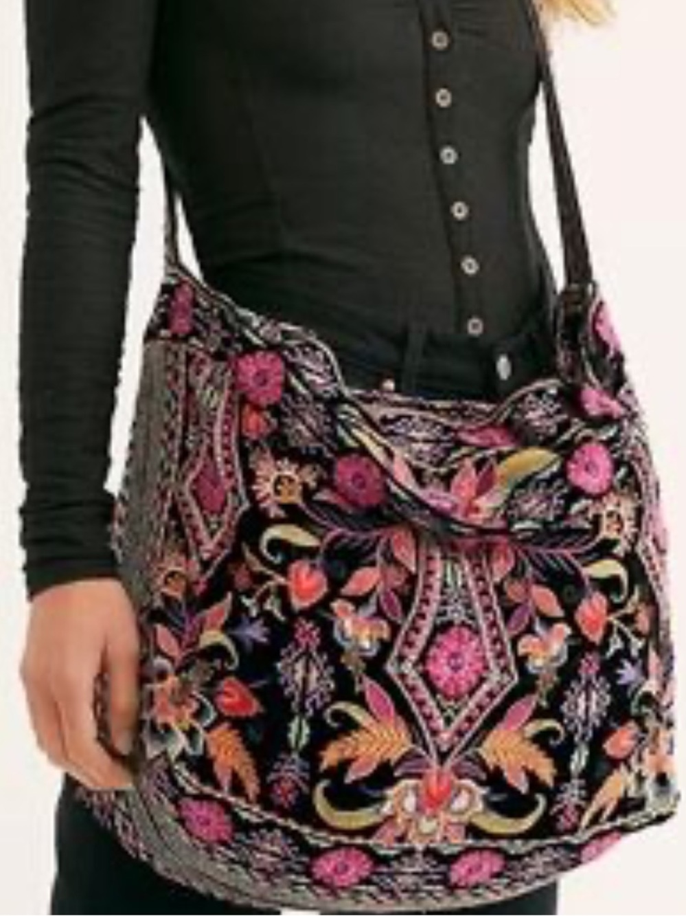 Johnny Was Black Floral Embroidered Shoulder Bag with Pink and Orange Accents
